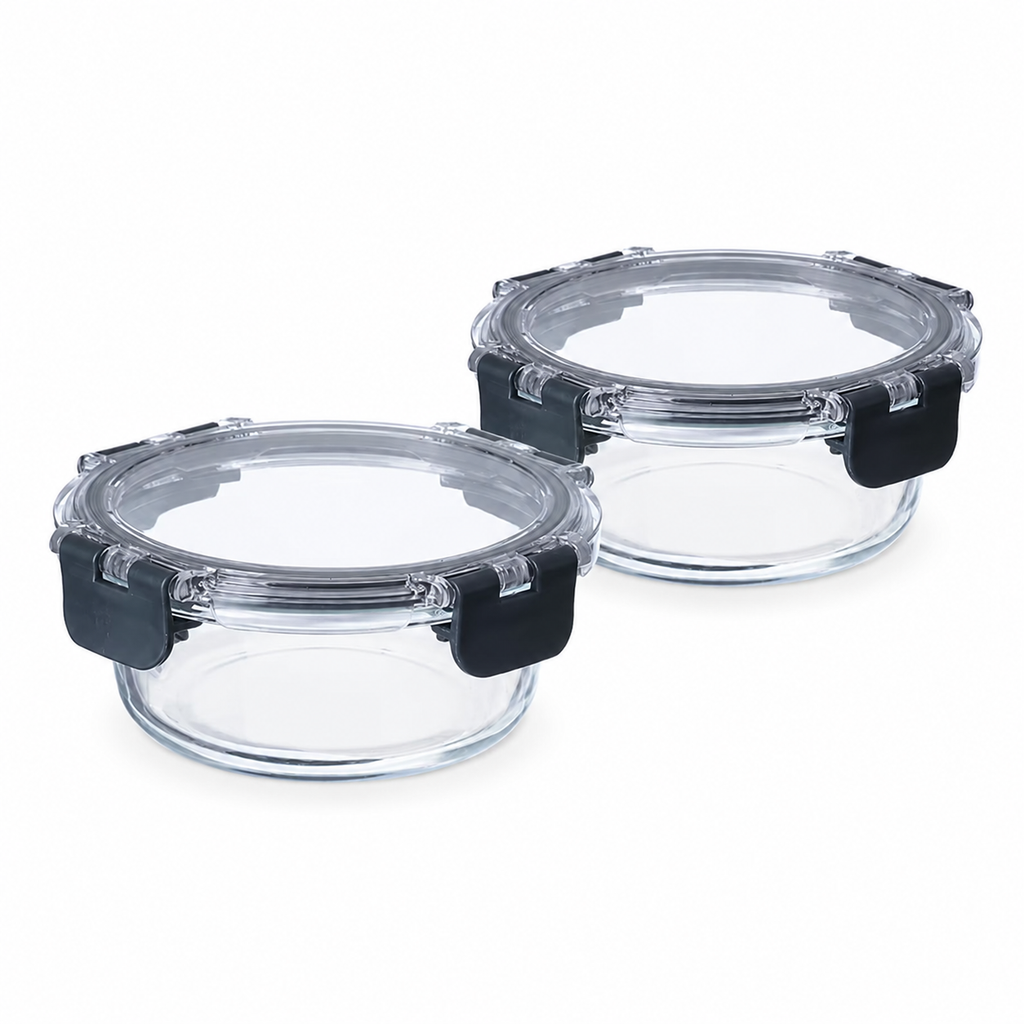 Glass Food Storage Containers Black - 370ml - 2 Set Round
