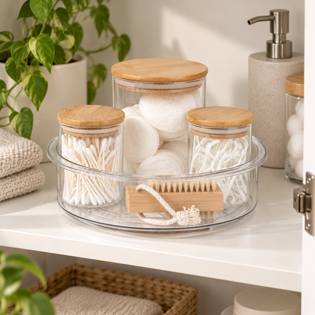 25cm Lazy Susan Bathroom Organiser neatly organised on shelving