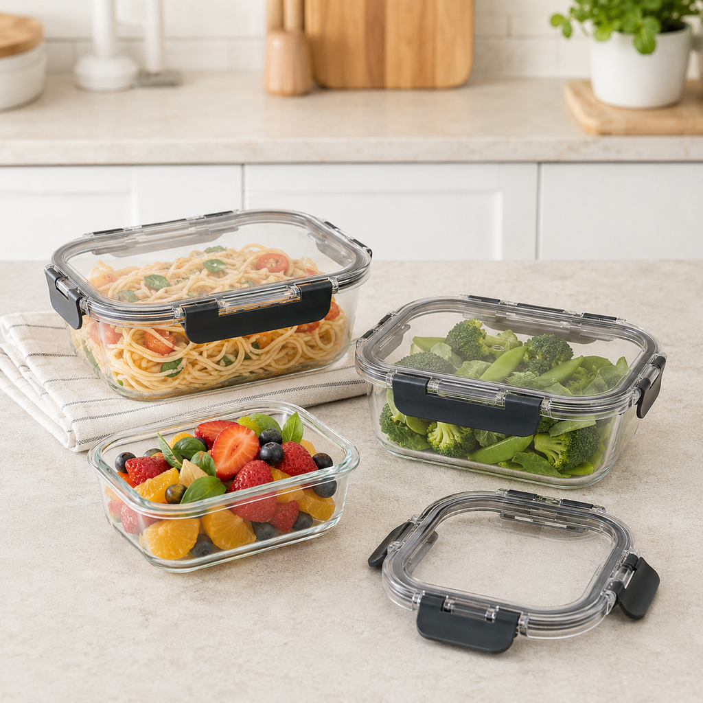 Glass Food Storage Containers - 3 Set Rectangle - Black