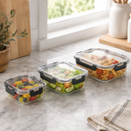 Glass Food Storage Containers - 3 Set Rectangle - Black