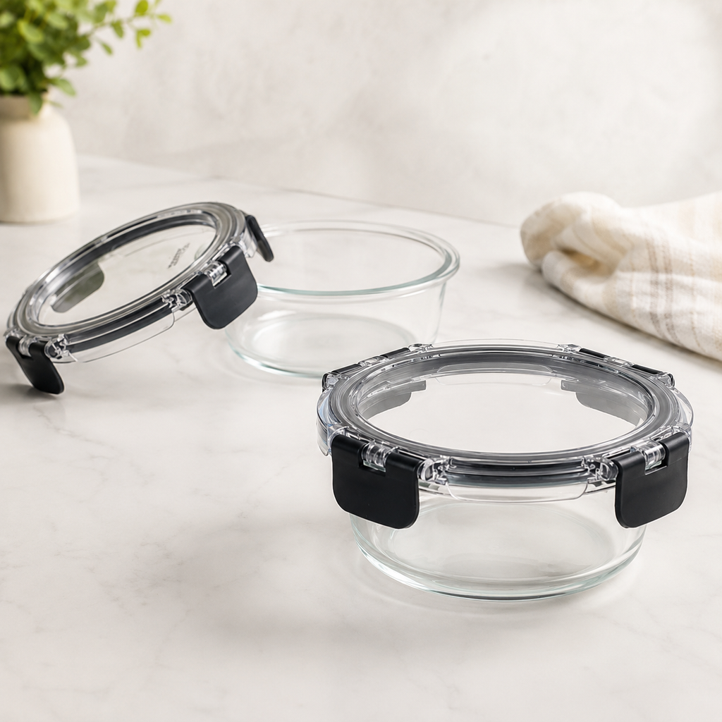 Glass Food Storage Containers Black - 370ml - 2 Set Round