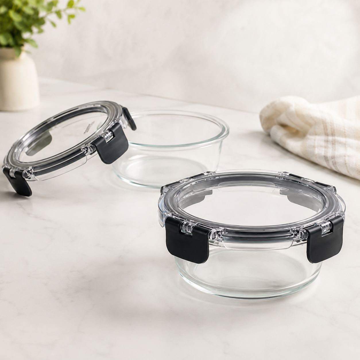 Glass Food Storage Containers Black - 370ml - 2 Set Round