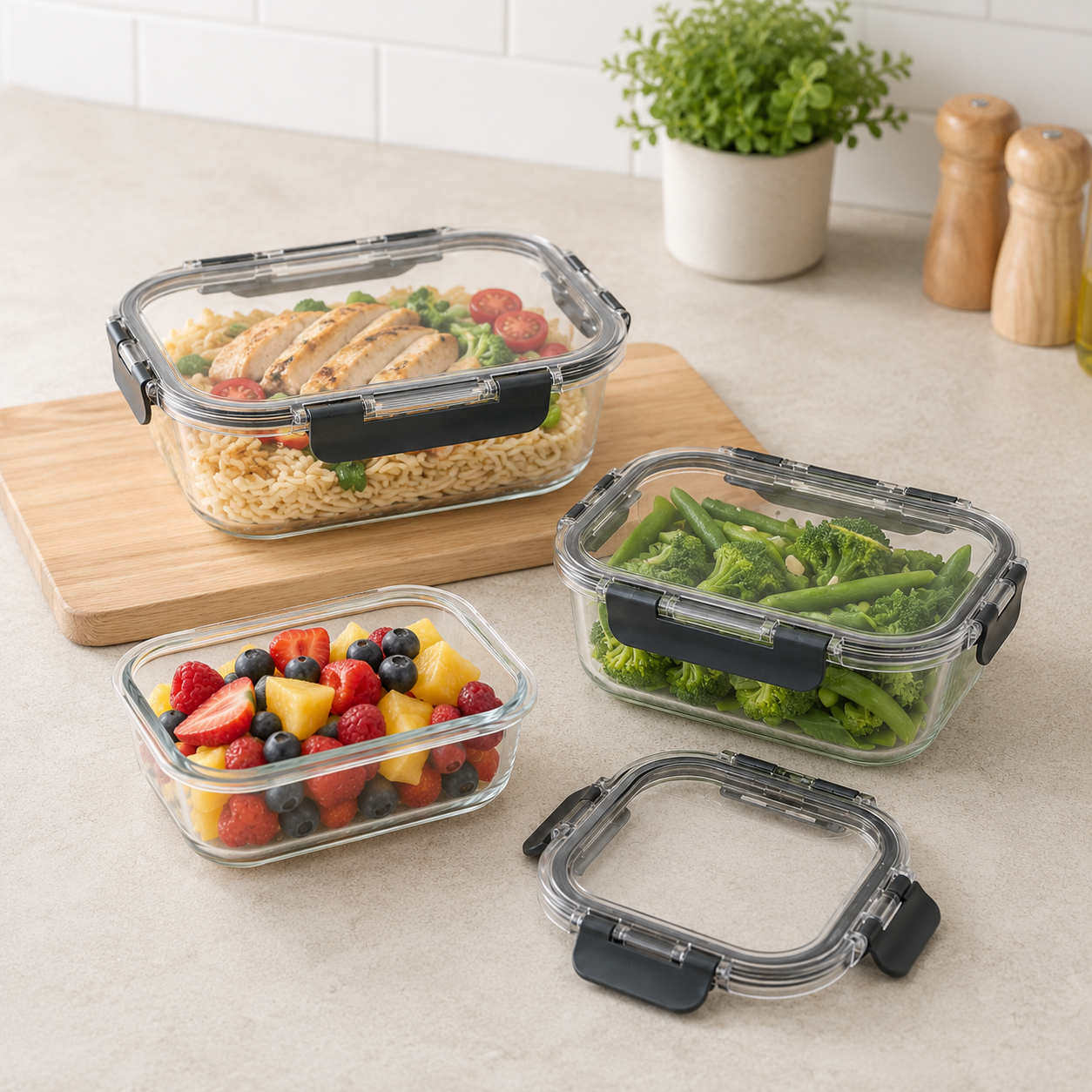 Glass Food Storage Containers - 3 Set Rectangle - Black