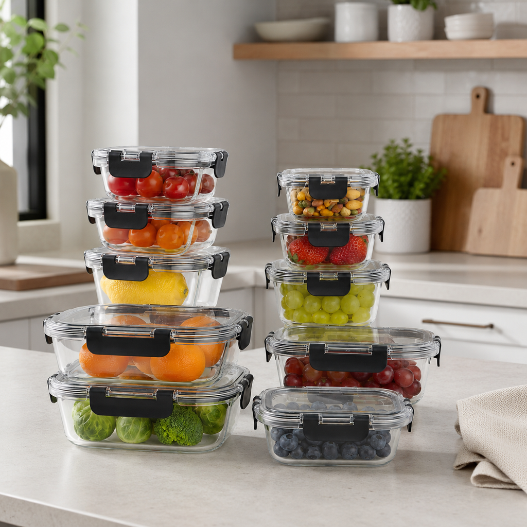 Meal Prep Glass Food Container - 10 Set Rectangle - Black