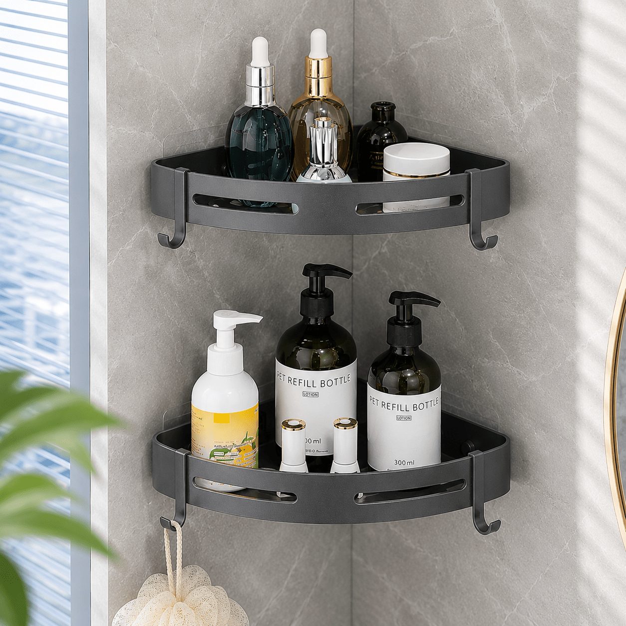 No-Drill Corner Shower Caddy - 2 Tier with Hook - Luma & Home