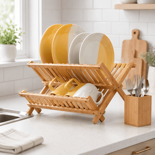 2-Tier Bamboo Dish Rack with Utensil Holder - Luma & Home