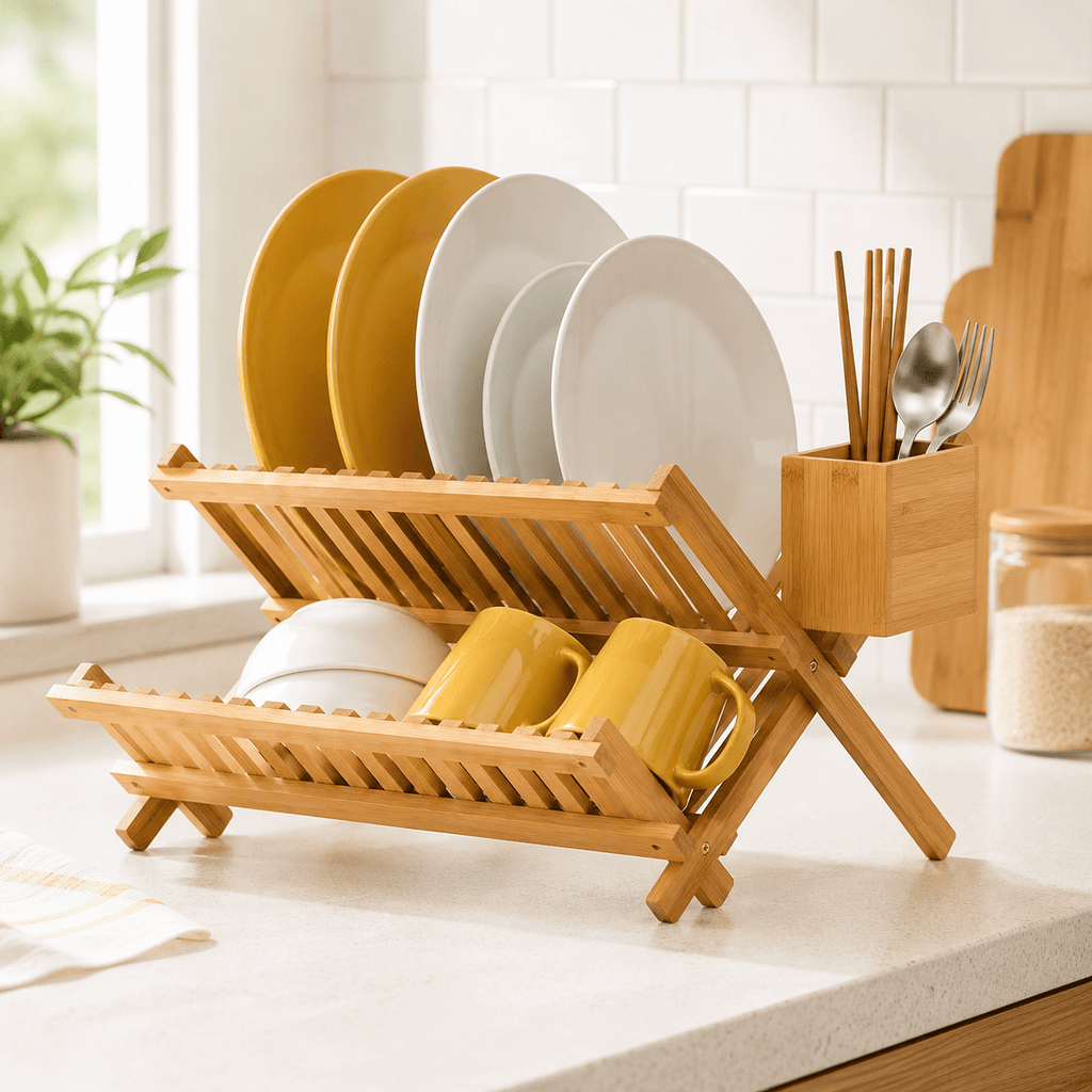 2-Tier Bamboo Dish Rack with Utensil Holder - Luma & Home