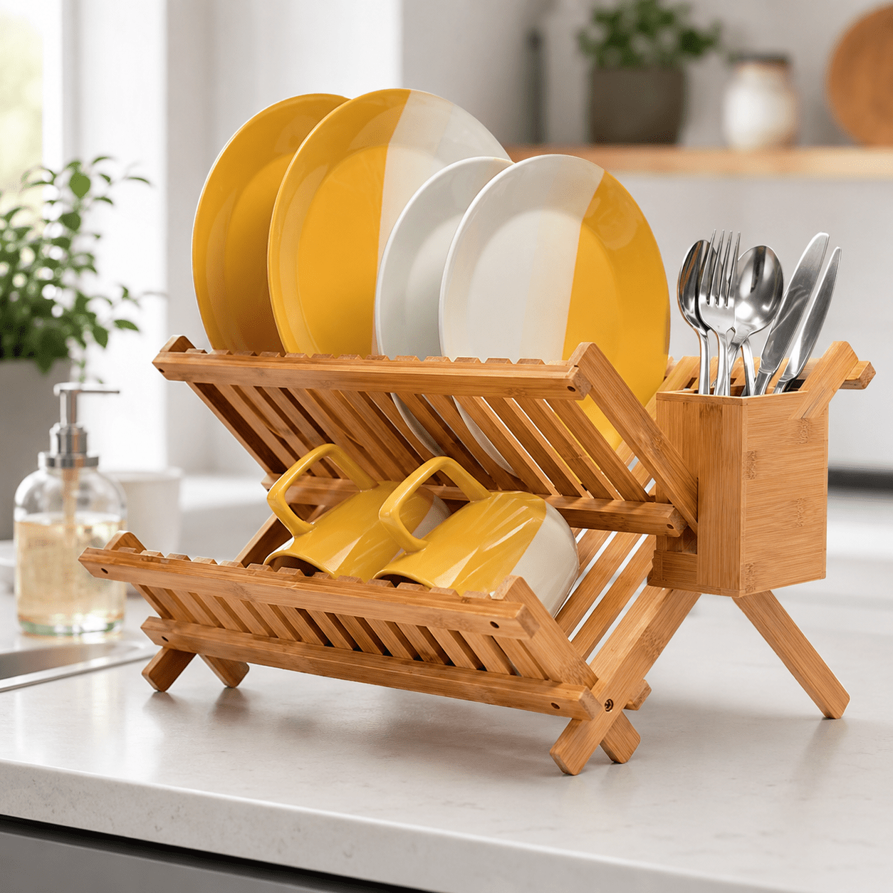 2-Tier Bamboo Dish Rack with Utensil Holder - Luma & Home