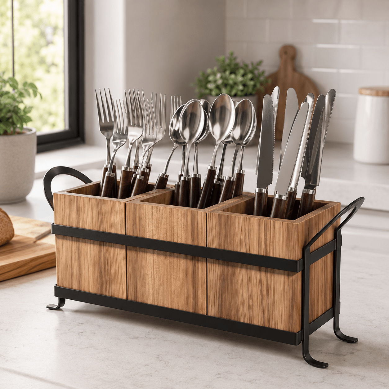 Rustic Wooden Utensil Holder - 3 Section - Luma & Home