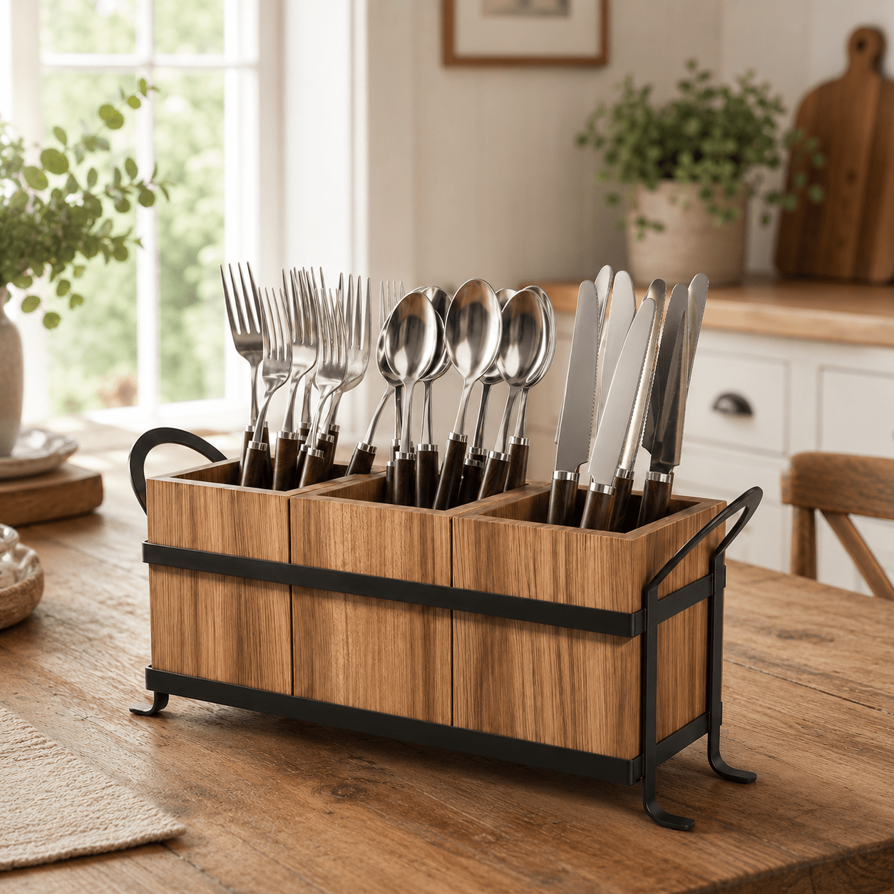 Rustic Wooden Utensil Holder - 3 Section - Luma & Home