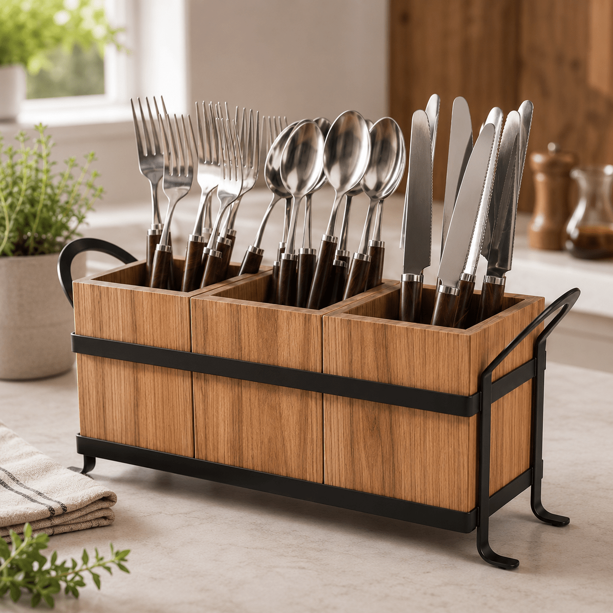 Rustic Wooden Utensil Holder - 3 Section - Luma & Home