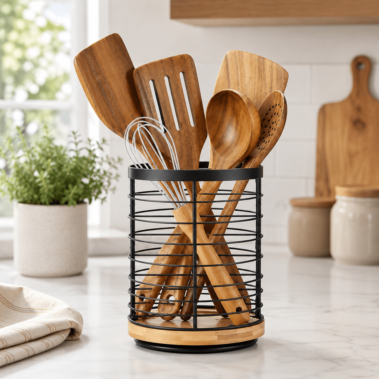 Rotating Utensil Holder with Wooden Base - Luma & Home