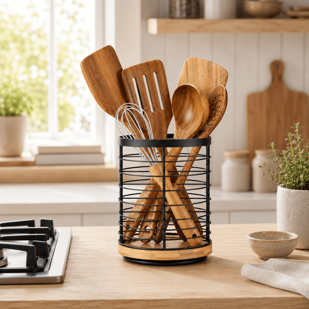 Rotating Utensil Holder with Wooden Base - Luma & Home