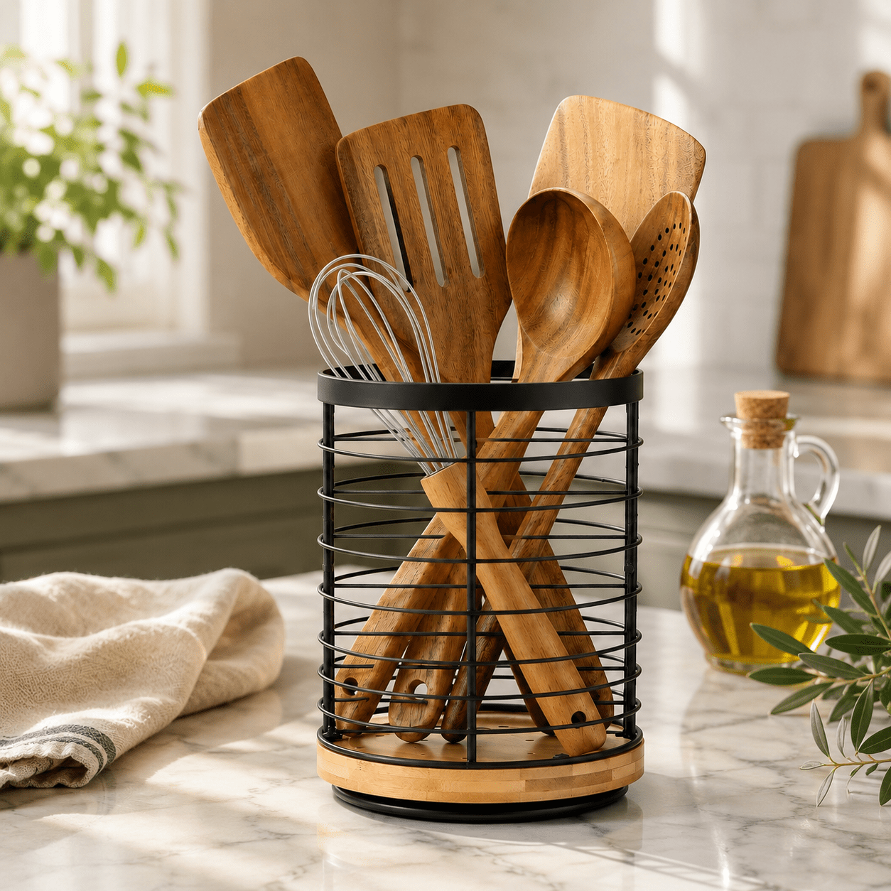 Rotating Utensil Holder with Wooden Base - Luma & Home