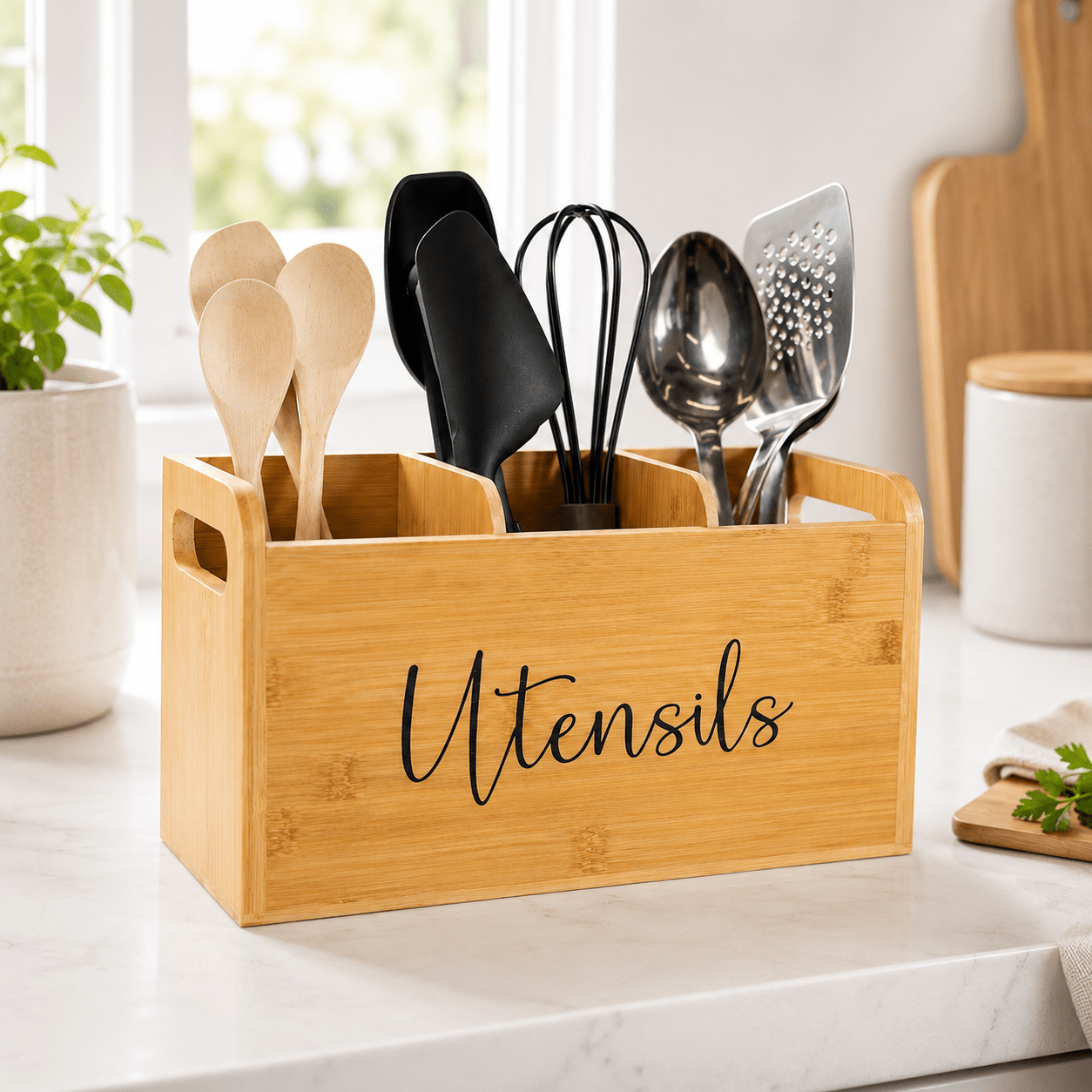 Foldable Bamboo Utensil Holder - 3 Compartments - Luma & Home