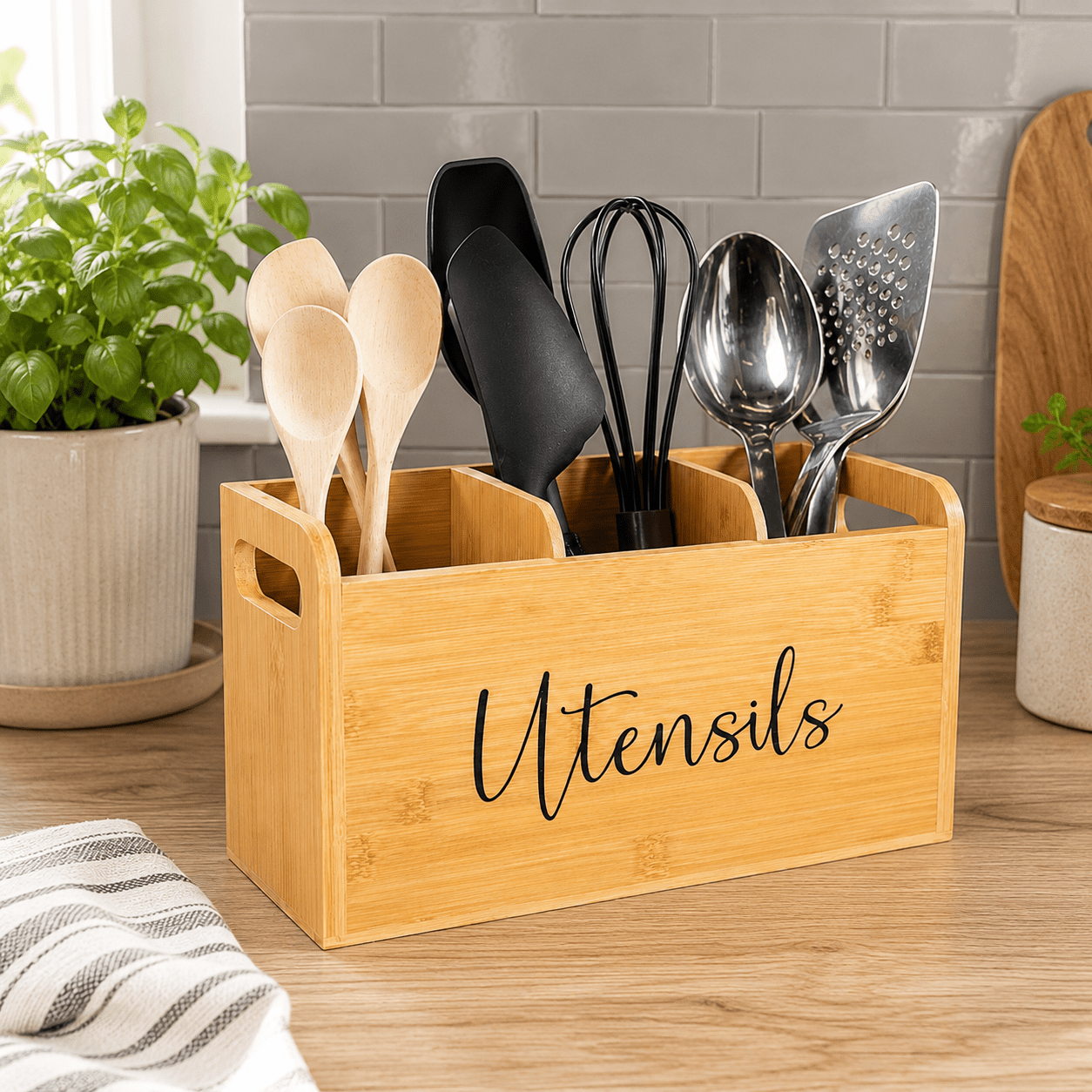 Foldable Bamboo Utensil Holder - 3 Compartments - Luma & Home