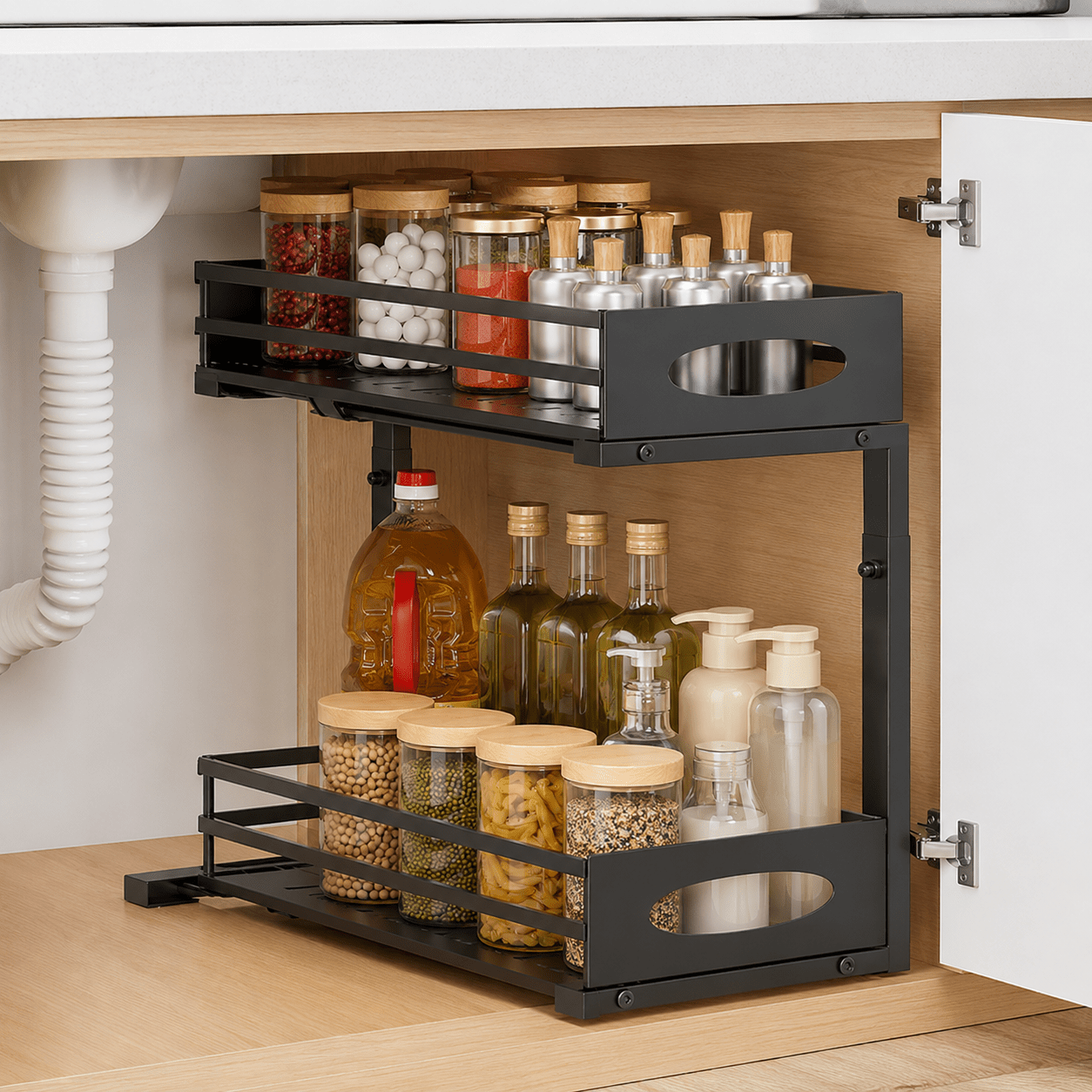 2-Tier Under-Sink Organiser with Pull-Out Drawer - Luma & Home