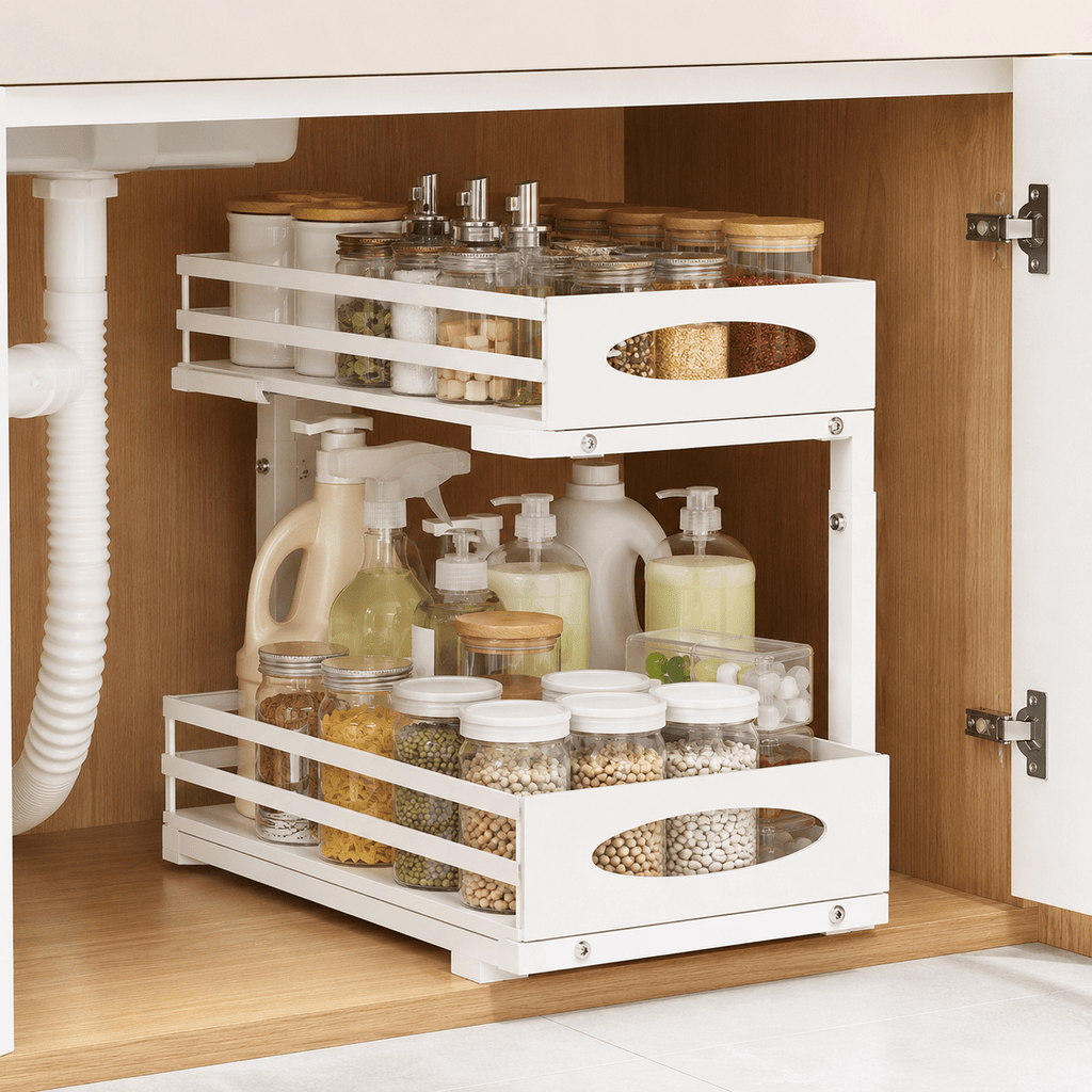 2-Tier Under-Sink Organiser with Pull-Out Drawer - Luma & Home