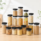 Rectangle Glass Pantry Storage Jars - Black - 18 Set Pantry Storage airtight, bundle, color-black, free-uk-delivery, glass, glass-pantry-jar-bundles, glass-pantry-jars, luma-and-home, pantry, pantry-organisation, pantry-storage, set