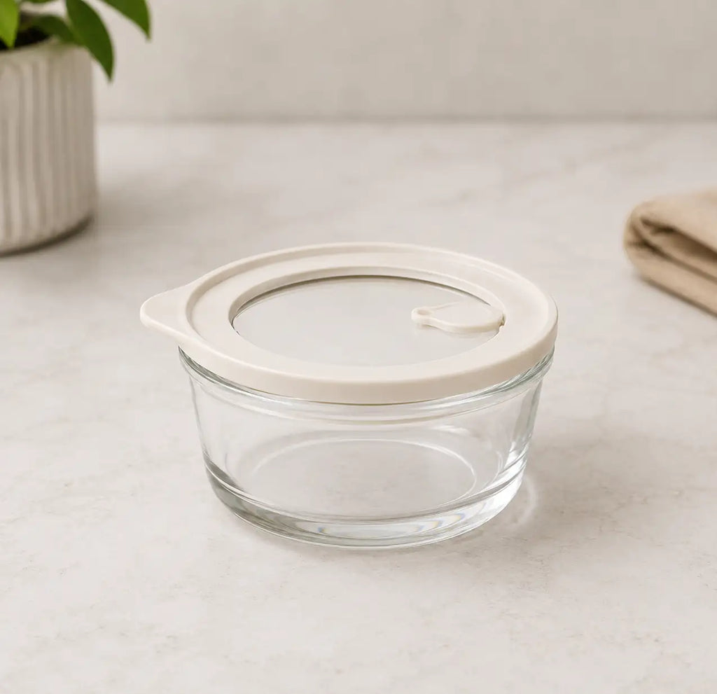 Glass Food Storage Containers Cream - 200ml - 2 Set Round Food Storage Containers bundle, food-storage-containers, free-uk-delivery, glass, glass-pantry-jar-bundles, glass-pantry-jars, luma-and-home, pantry, set