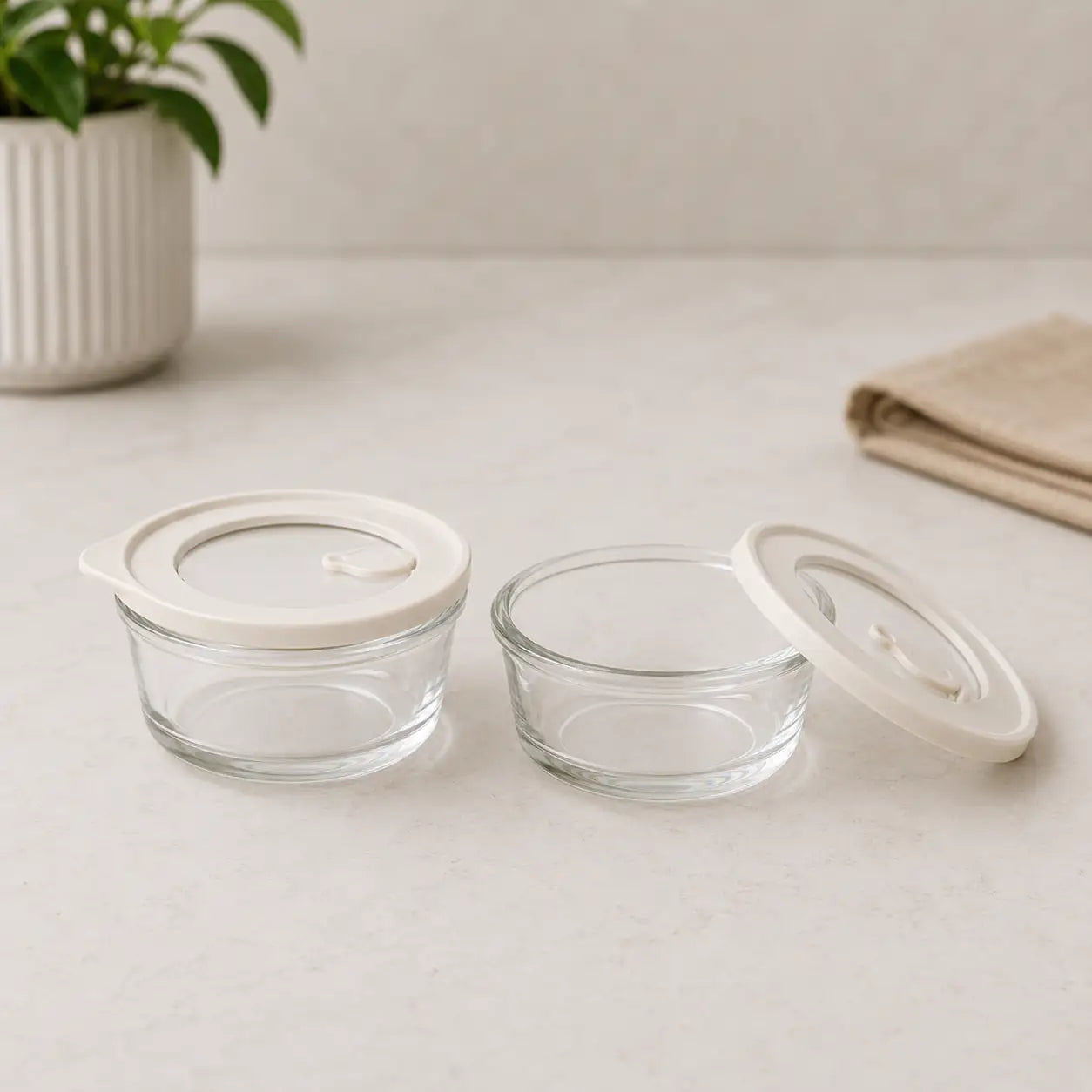 Glass Food Storage Containers Cream - 200ml - 2 Set Round Food Storage Containers bundle, food-storage-containers, free-uk-delivery, glass, glass-pantry-jar-bundles, glass-pantry-jars, luma-and-home, pantry, set