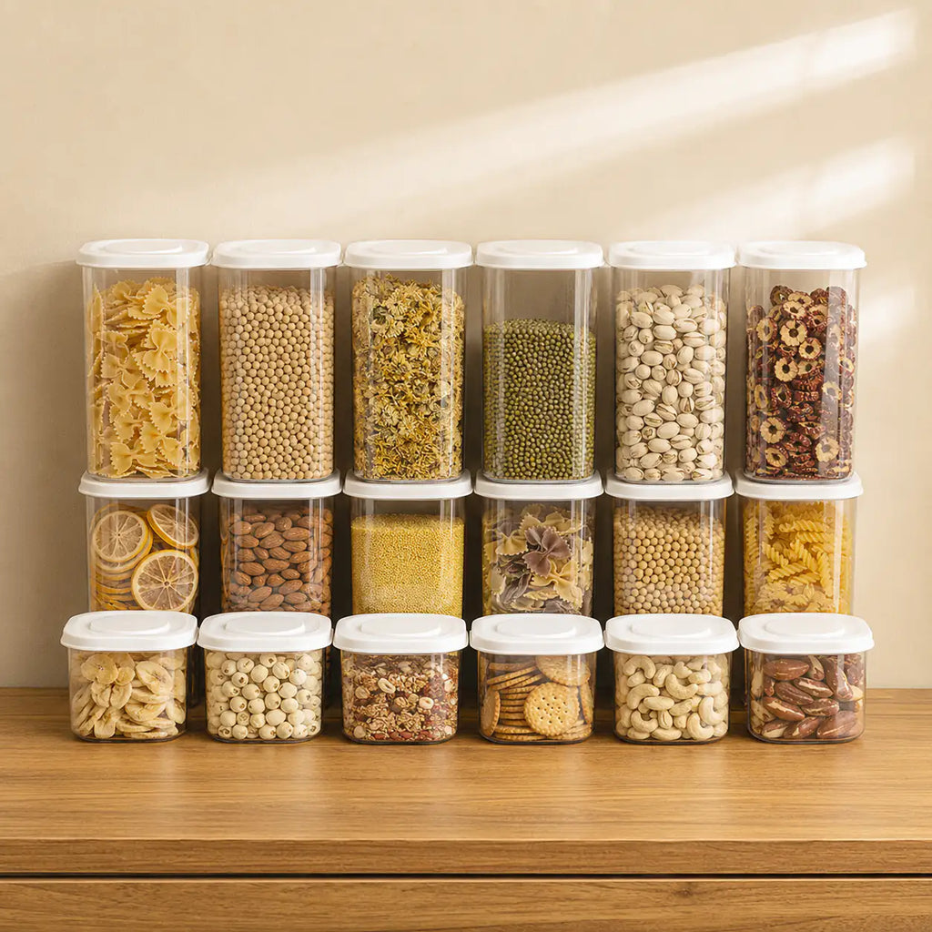 Rectangle Glass Pantry Storage Jars - White - 18 Set Pantry Storage bundle, color-white, free-uk-delivery, glass, glass-pantry-jar-bundles, glass-pantry-jars, luma-and-home, pantry, pantry-organisation, pantry-storage, set, stackable