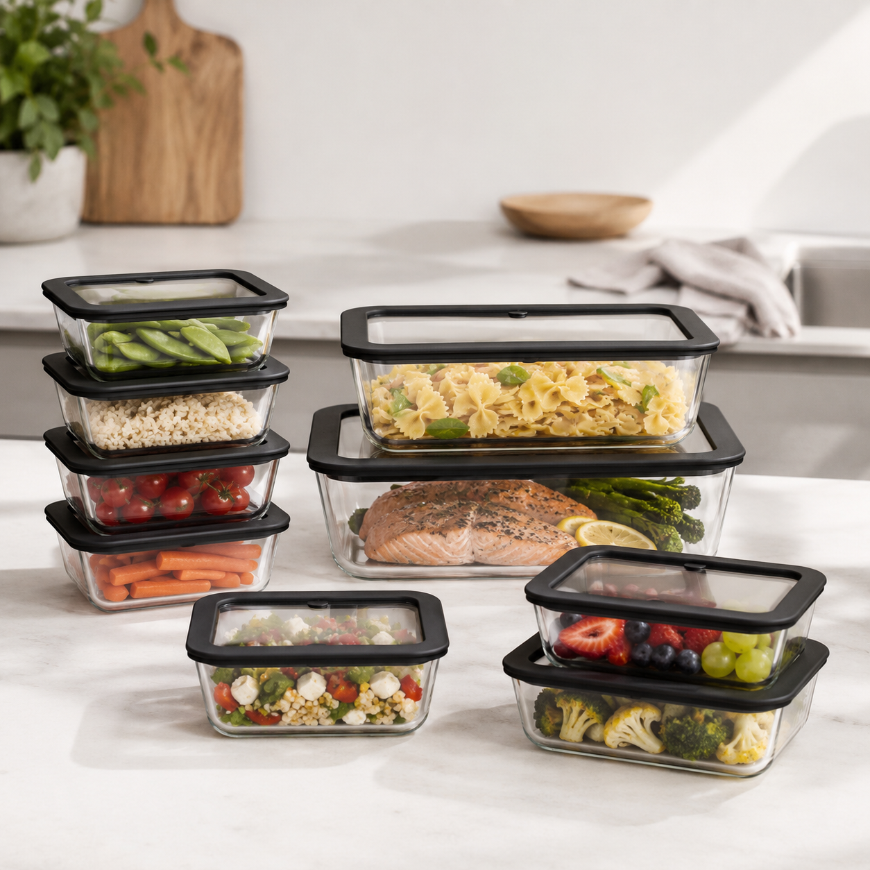 Meal Prep Glass Food Container - 10 Set Rectangle - Black