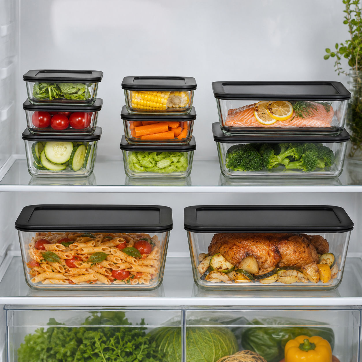 Meal Prep Glass Food Container - 10 Set Rectangle - Black