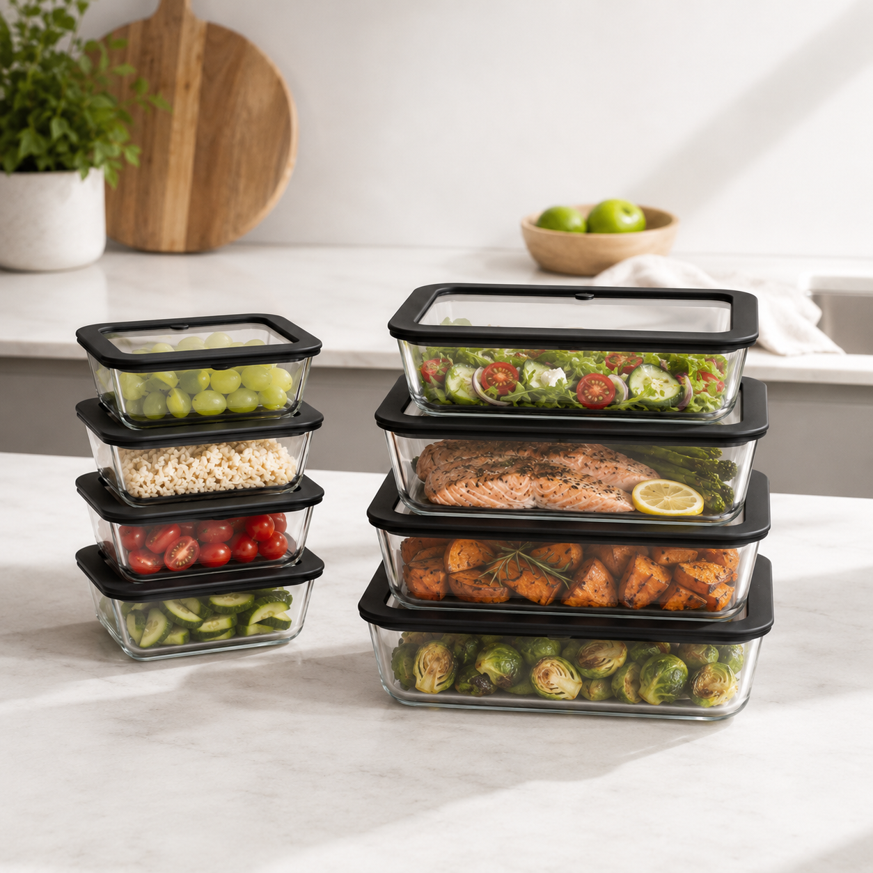 Meal Prep Glass Food Container - 8 Set Rectangle - Black