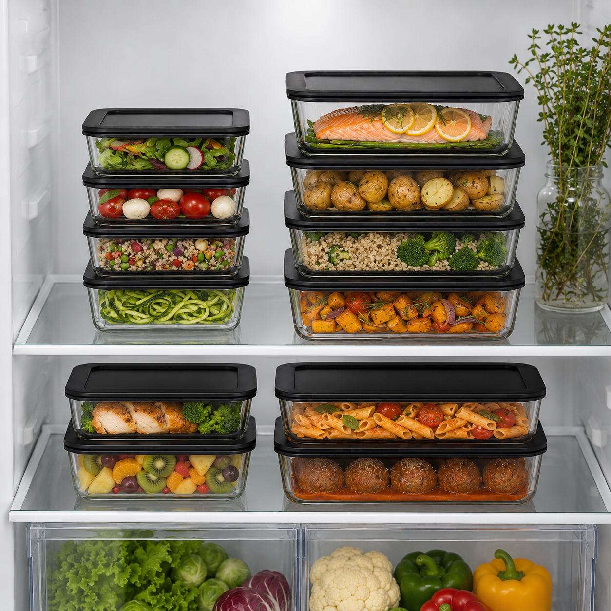 Meal Prep Glass Food Container - 8 Set Rectangle - Black