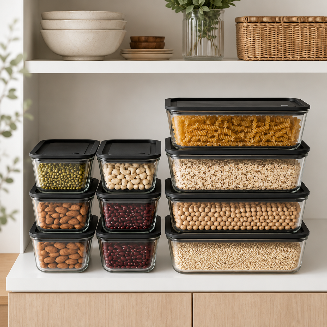 Meal Prep Glass Food Container - 8 Set Rectangle - Black