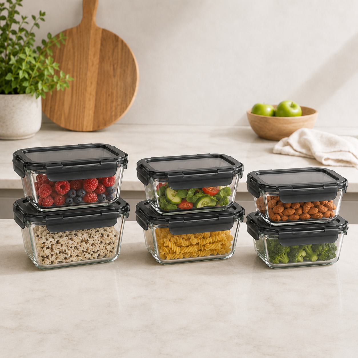 Glass Food Storage Container 630ml Rectangle - 6 Set - Black