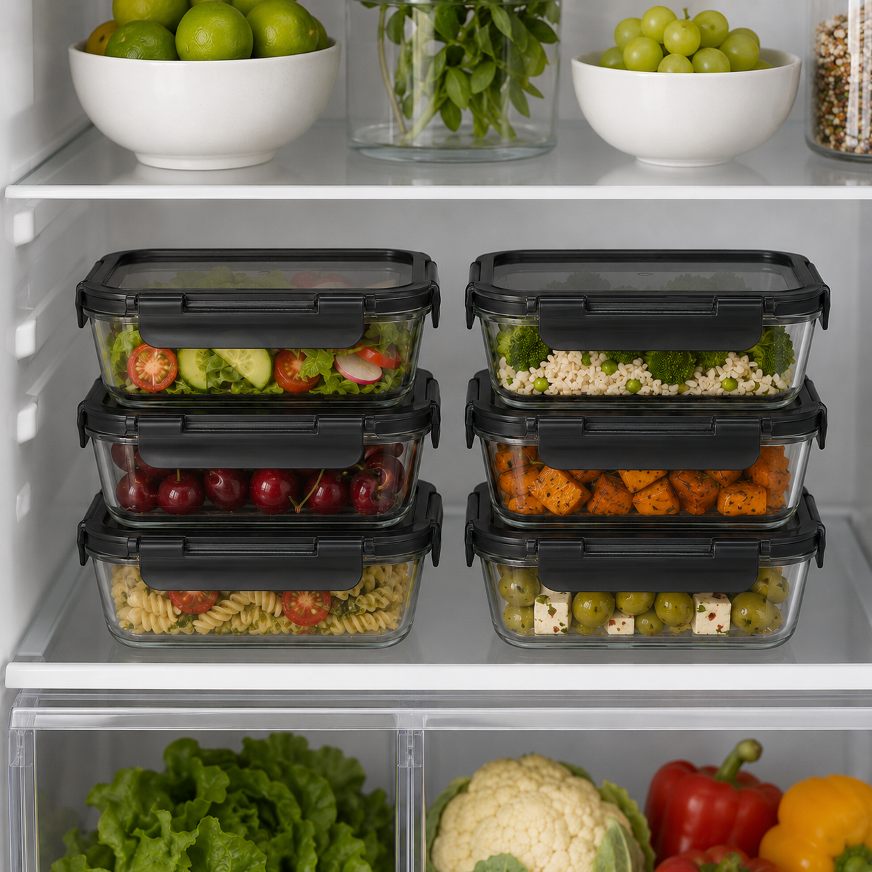 Glass Food Storage Container 630ml Rectangle - 6 Set - Black