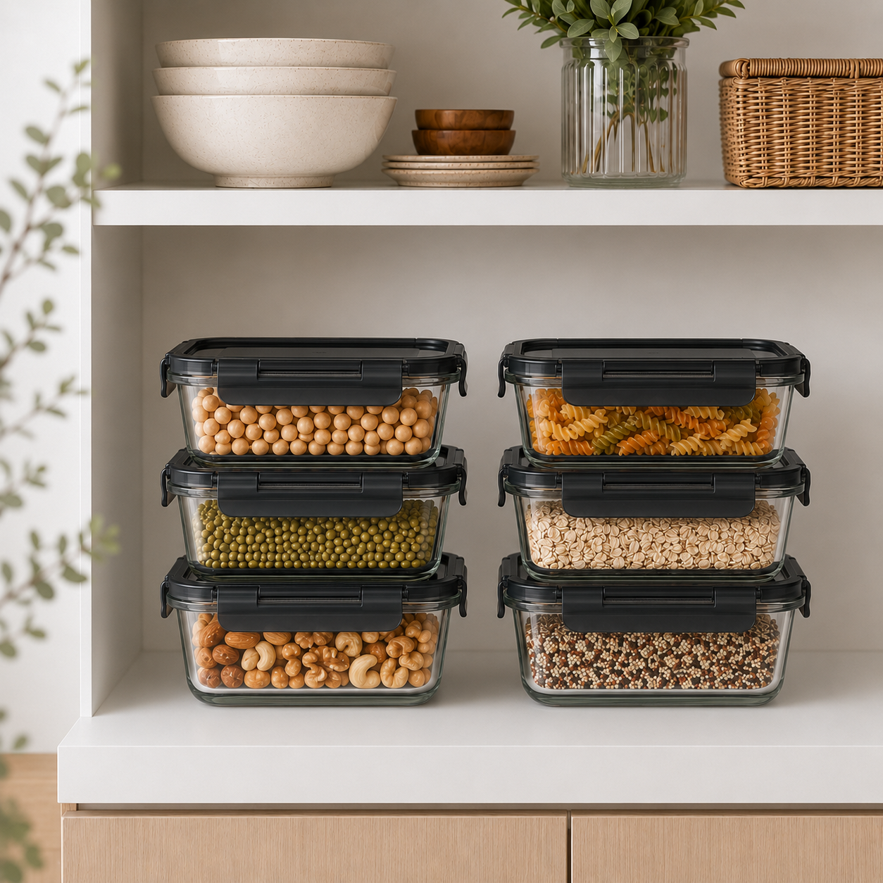 Glass Food Storage Container 630ml Rectangle - 6 Set - Black