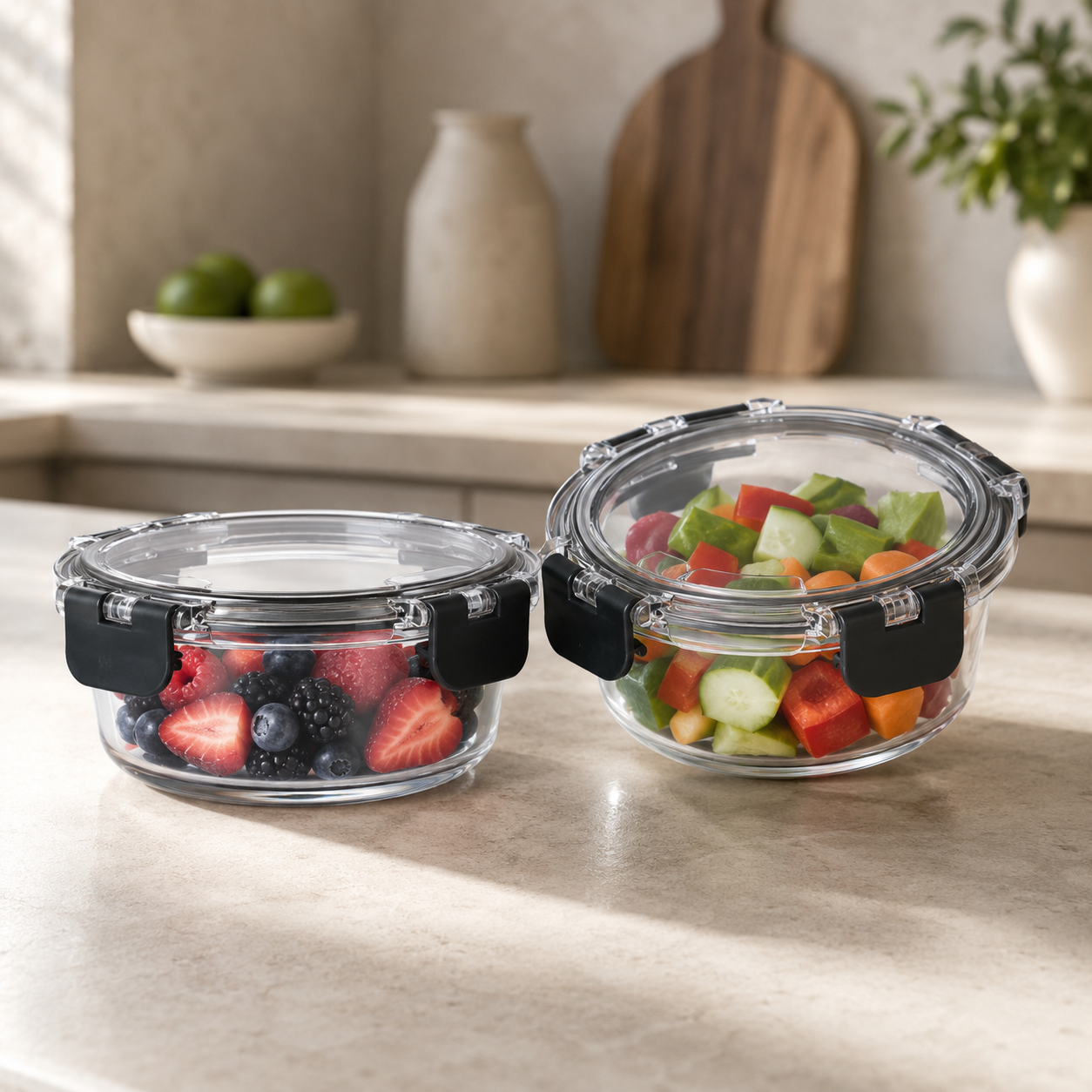 Glass Food Storage Containers Black - 370ml - 2 Set Round