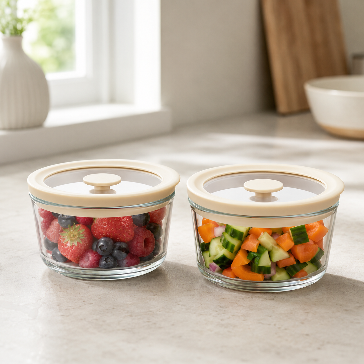 Glass Food Storage Containers Cream - 240ml - 2 Set Round