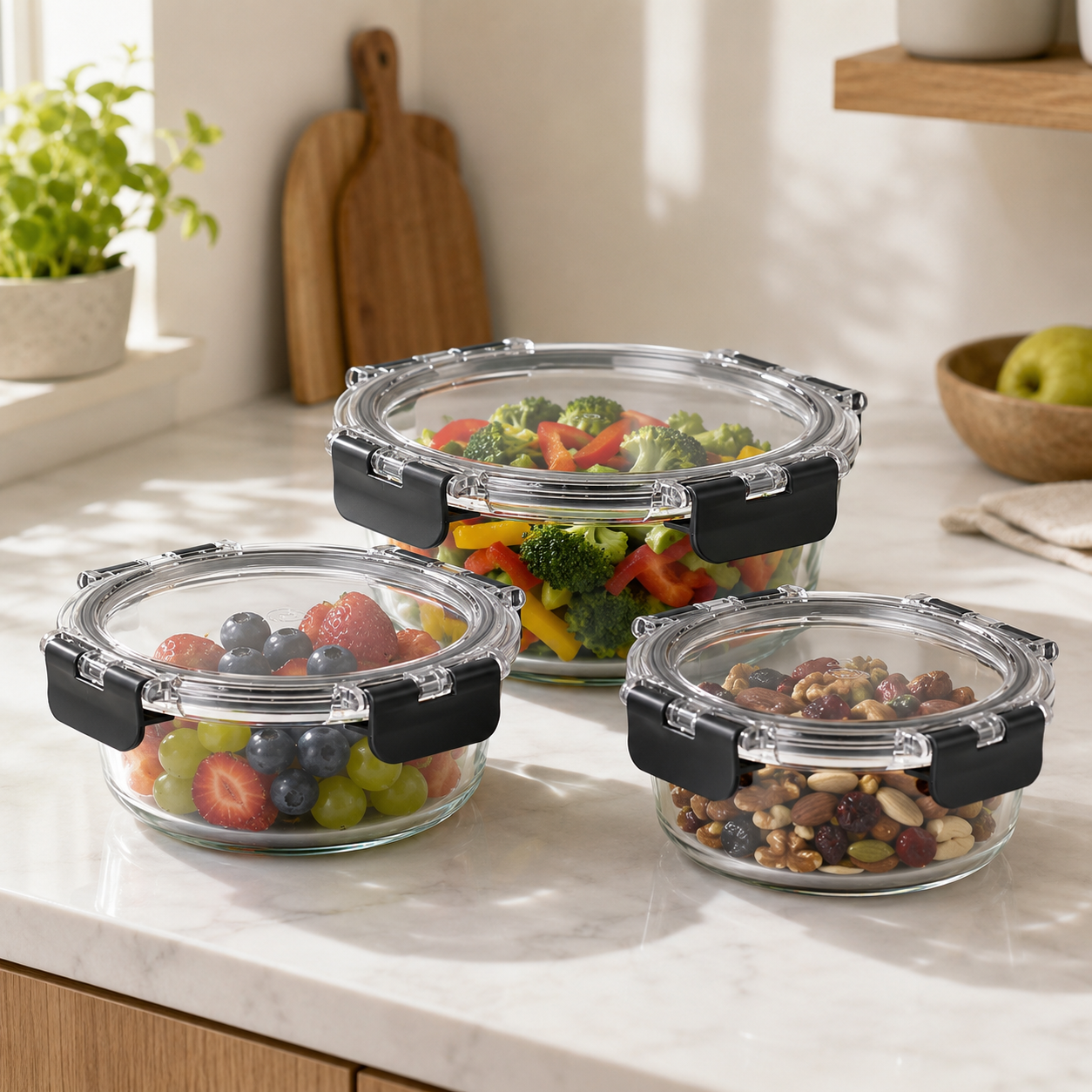 Glass Food Storage Containers Cream - 3 Set Round