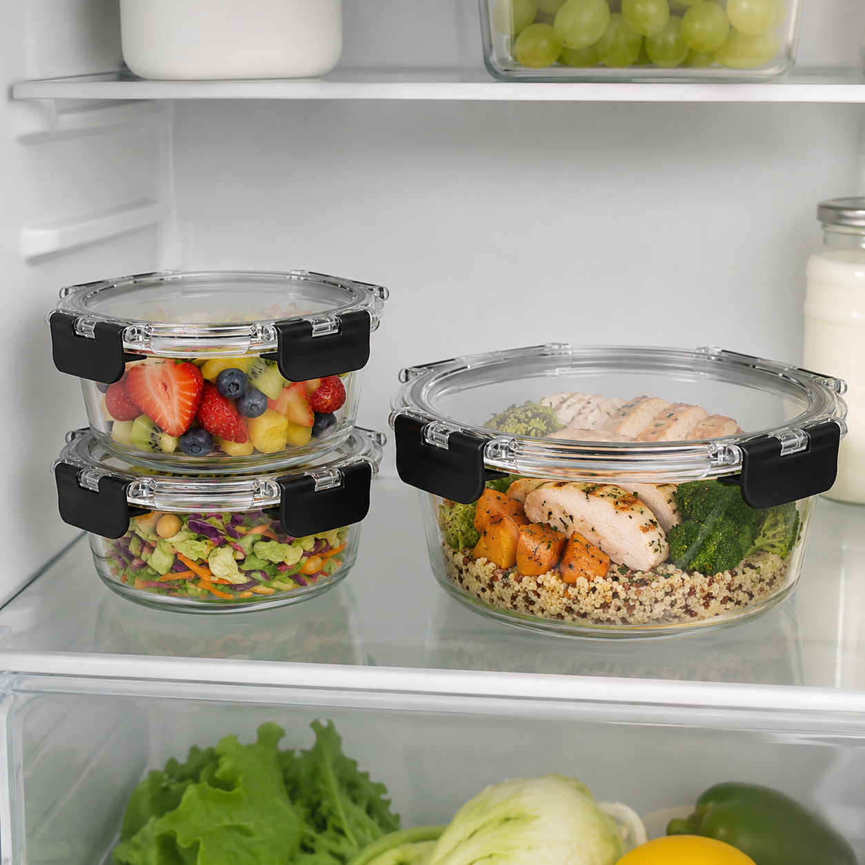 Glass Food Storage Containers Cream - 3 Set Round