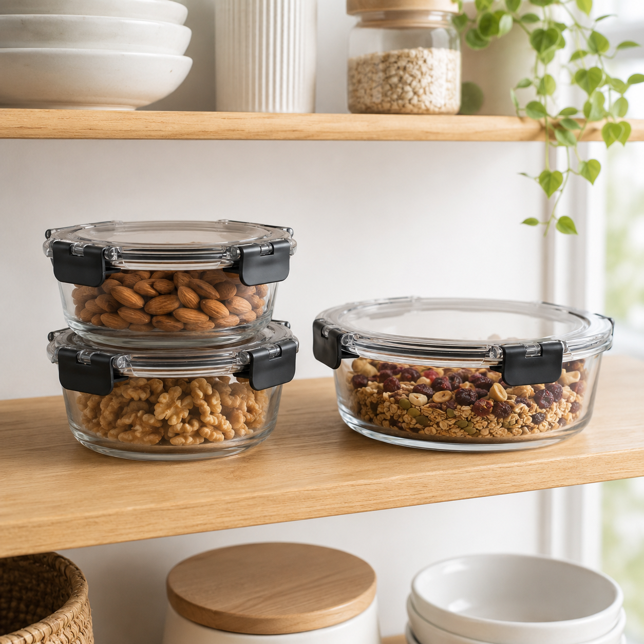 Glass Food Storage Containers Cream - 3 Set Round