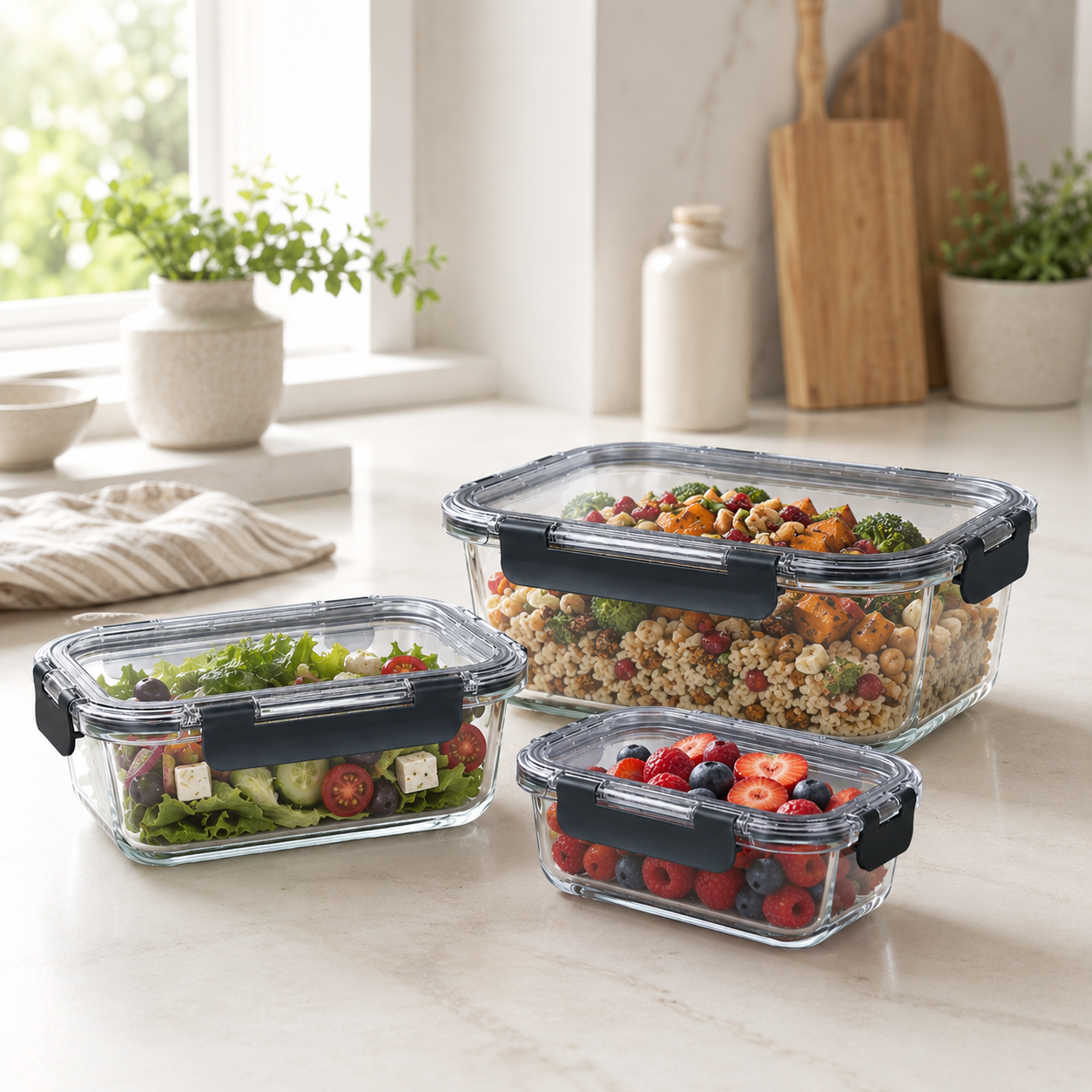 Glass Food Storage Containers Cream - 3 Set Square