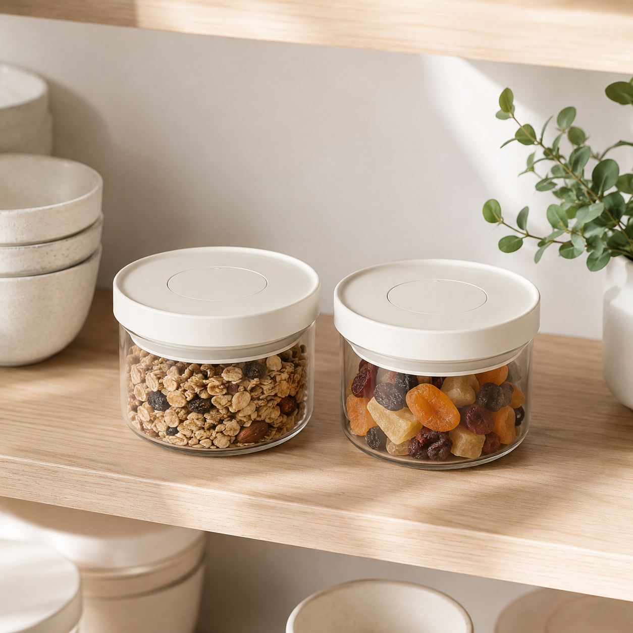 Glass Pantry Storage Jars 350ml - Cream - 2 Set Round