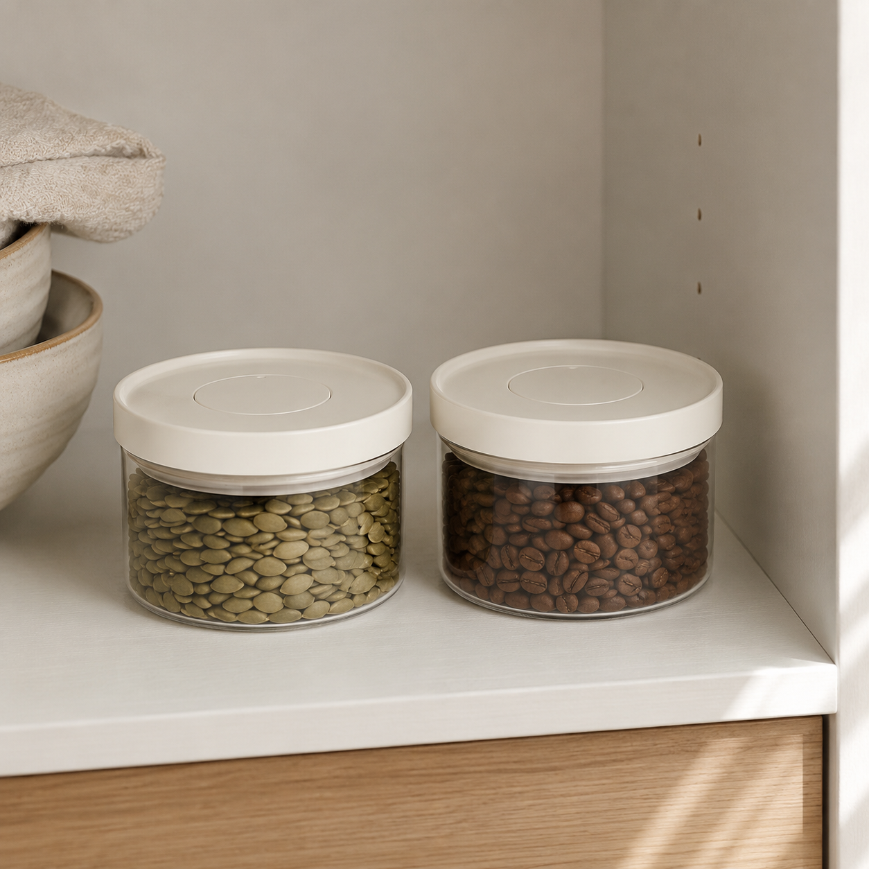 Glass Pantry Storage Jars 350ml - Cream - 2 Set Round