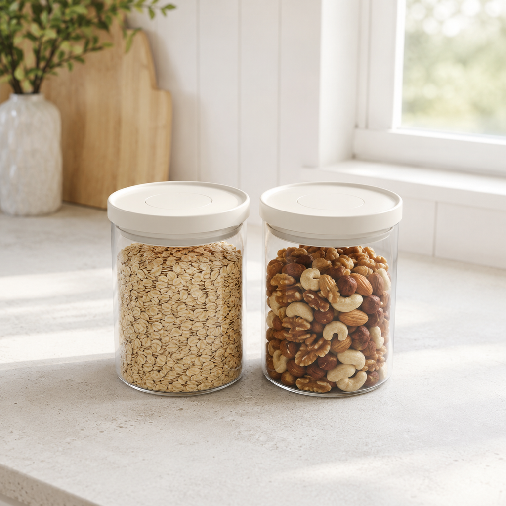 Glass Pantry Storage Jars 1000ML - Cream - 2 Set Round