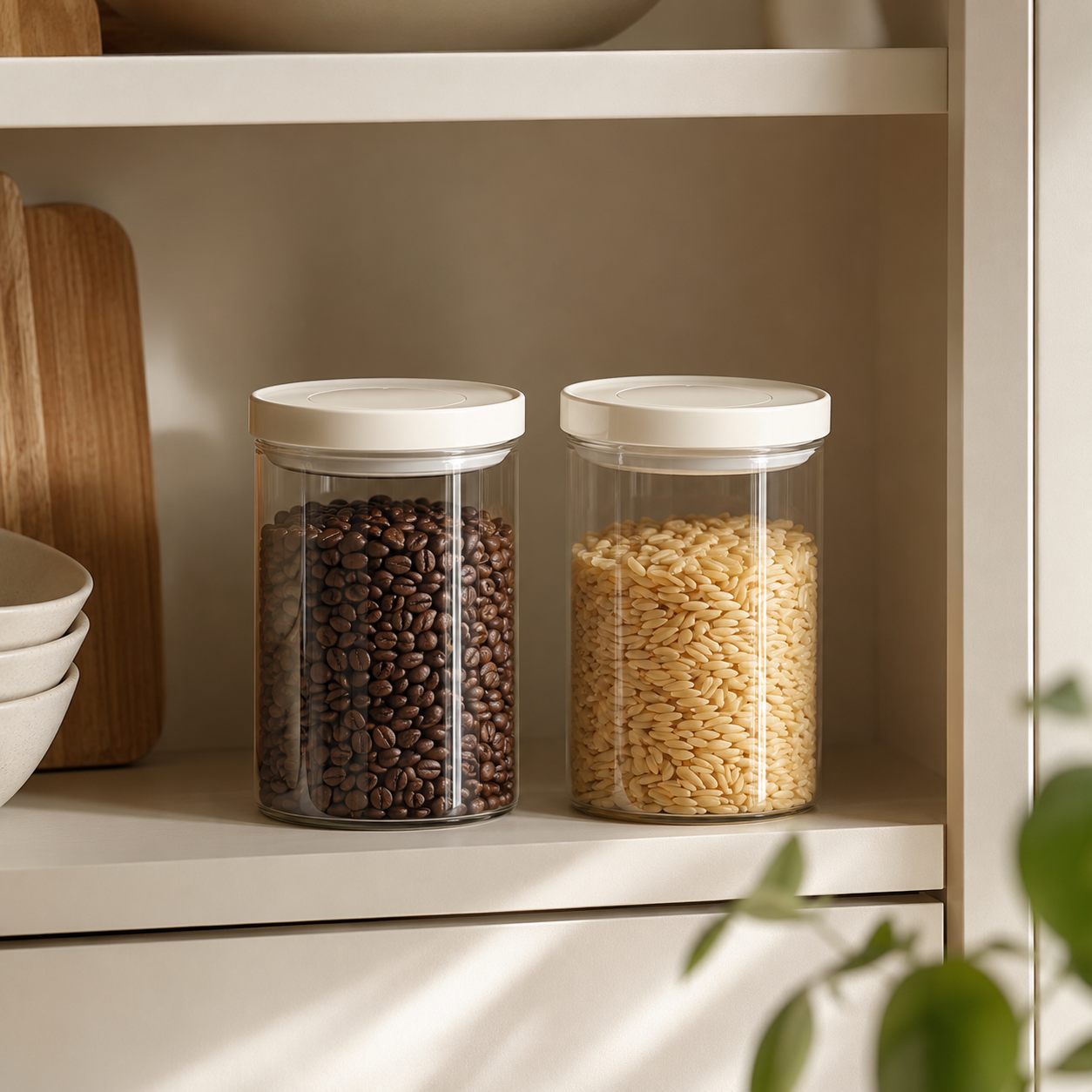 Glass Pantry Storage Jars 1000ML - Cream - 2 Set Round