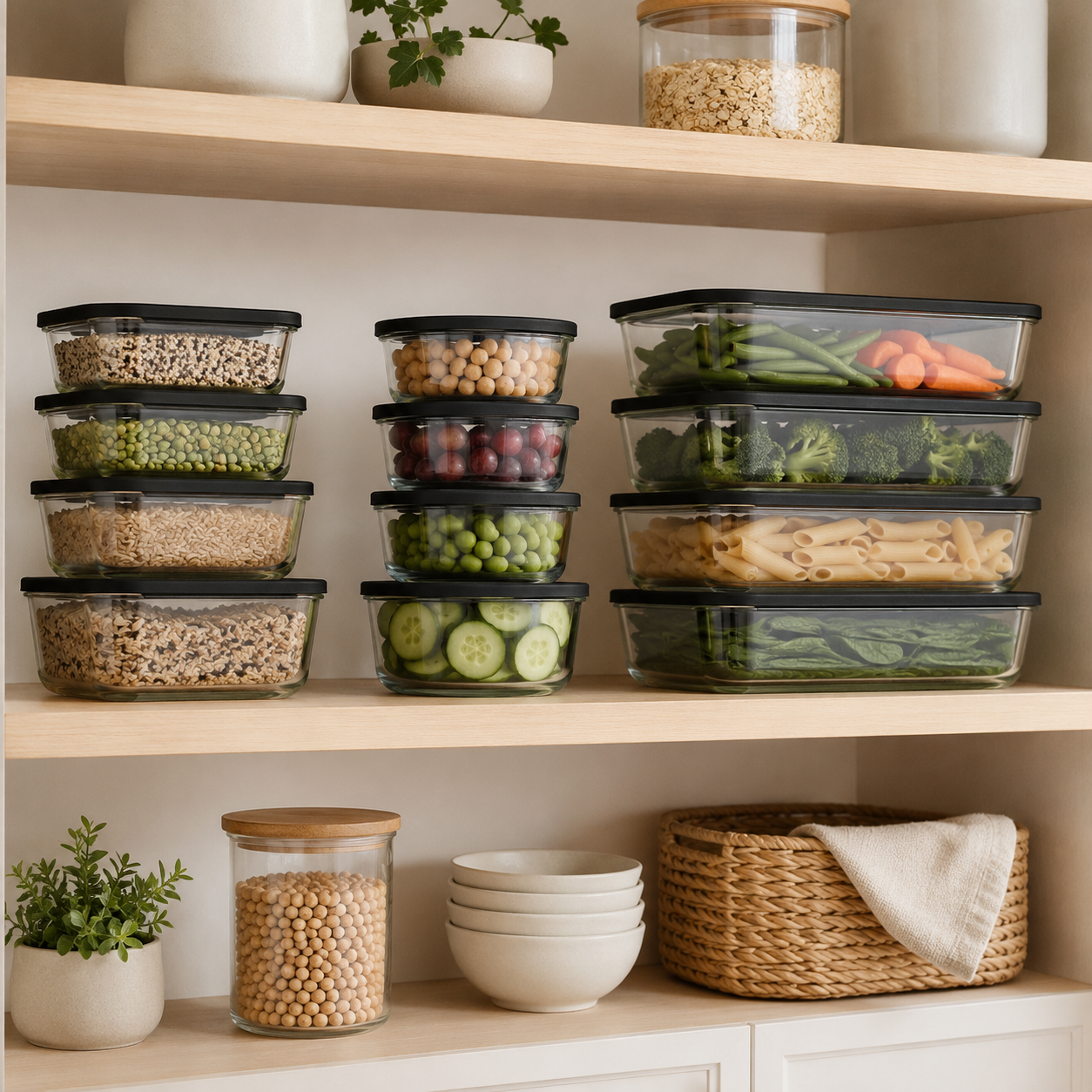 Glass Food Storage Containers Black - 12 Set Rectangle / Round - Meal Prep