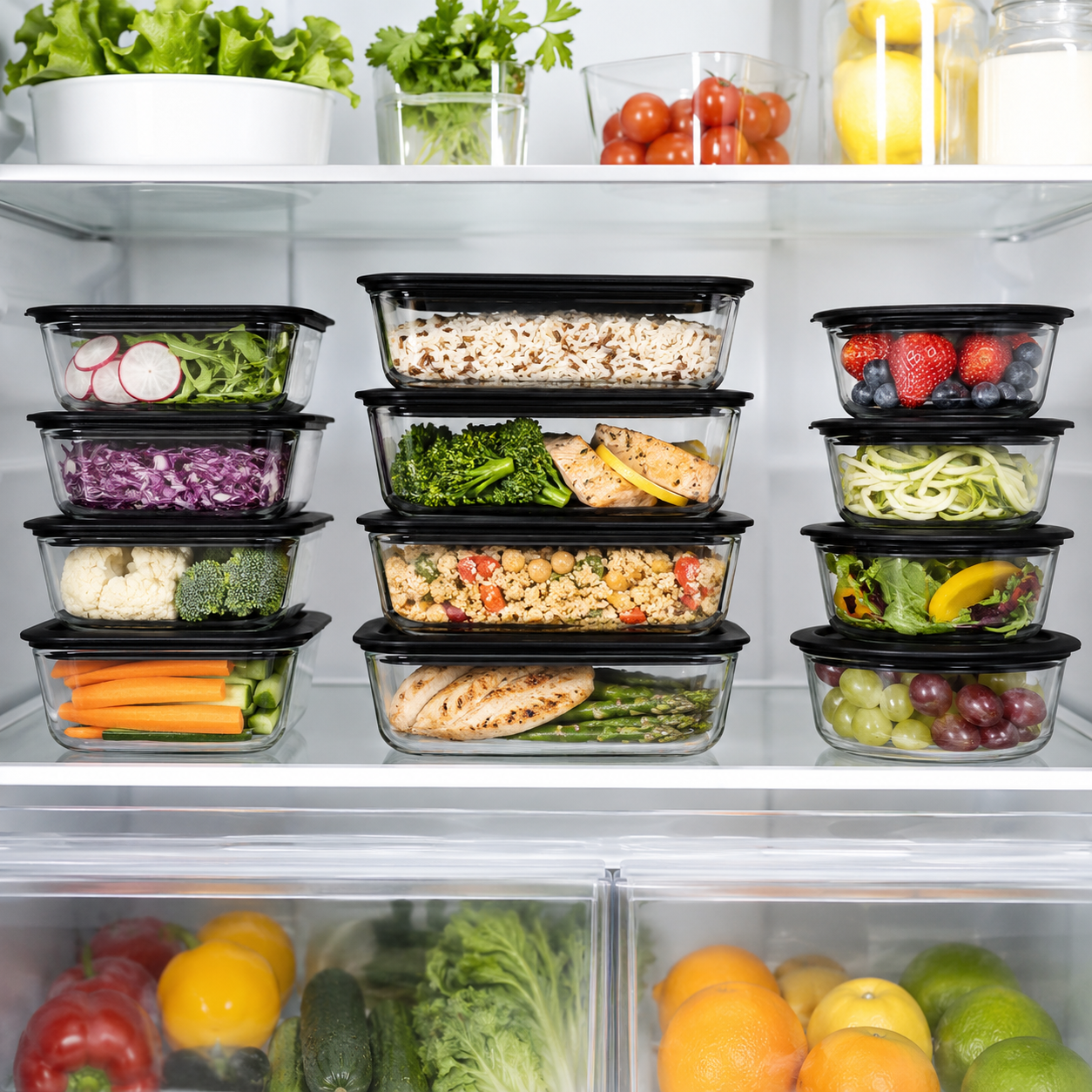 Glass Food Storage Containers Black - 12 Set Rectangle / Round - Meal Prep