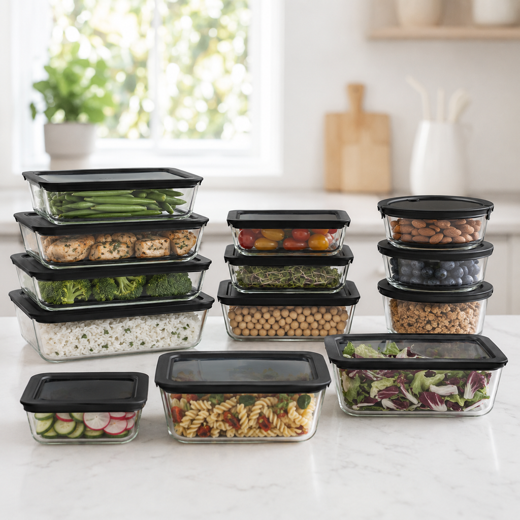 Glass Food Storage Containers Black - 12 Set Rectangle / Round - Meal Prep