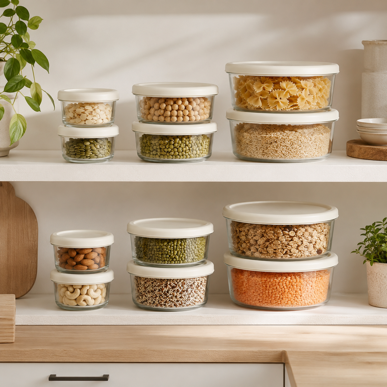 Glass Food Storage Containers Cream - 8 Set - Round