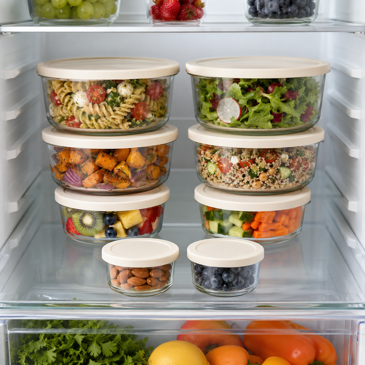 Glass Food Storage Containers Cream - 8 Set - Round