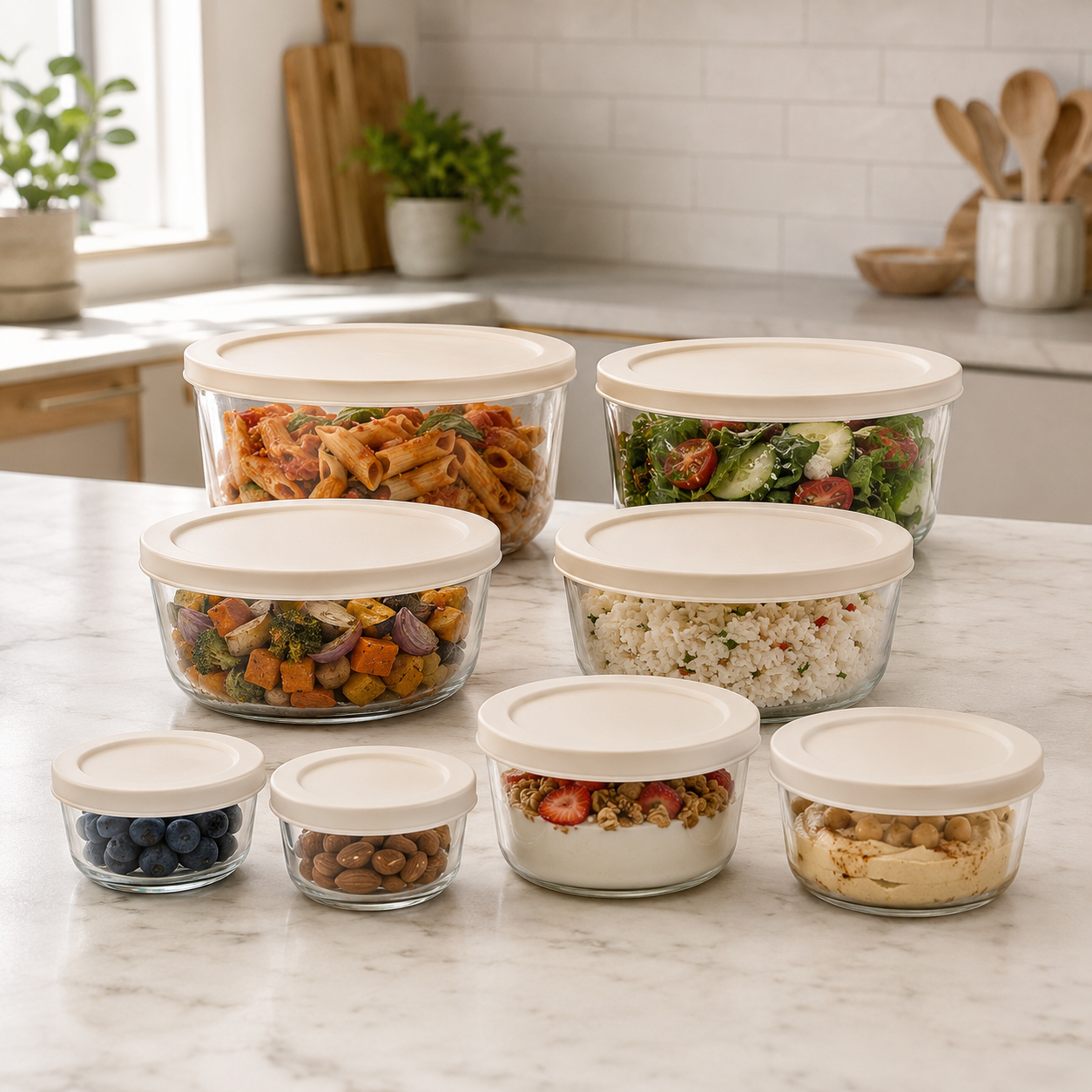 Glass Food Storage Containers Cream - 8 Set - Round
